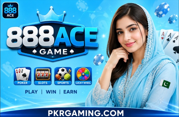 888ACE Game cover image with a Pakistani girl, blue gaming background, 888ACE logo, and PKRGAMING.COM branding