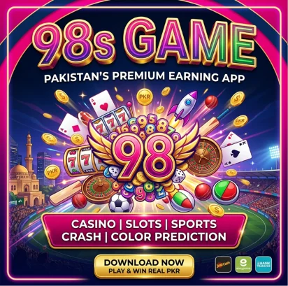 98s Game cover image featuring the game logo, colorful gaming graphics, and a modern design for Pakistani players.