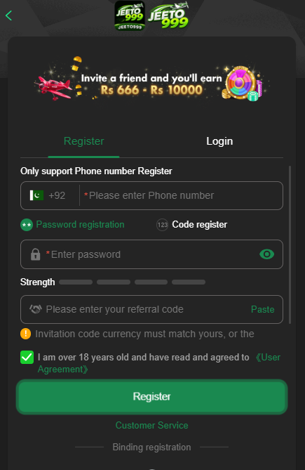 Jeeto999 Game registration screen showing the sign-up interface for creating a new gaming account.
