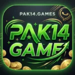 PAK14 Game App Icon Logo featuring bold green and gold 3D stylized text reading "PAK14 GAME" on a dark rounded square background, surrounded by golden coins, glowing green accent swooshes, a WhatsApp icon badge, and coupon graphic elements with the website text "PAK14.GAMES" at the top.