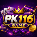 PK116 Game cover image featuring a purple and gold gaming design, bold PK116 logo, crown, playing cards, dice, gaming chips, and coins.